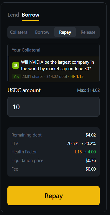 Repay Debt interface